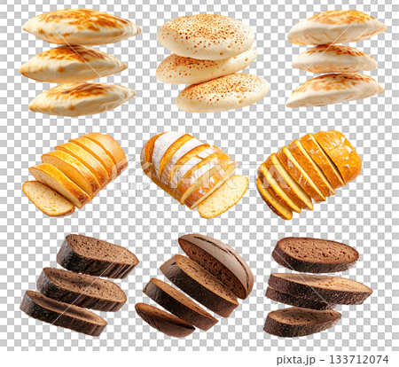 Various types of sliced flatbreads, rye breads, and white loaves on white background, concept of bakery and food variety Various types of sliced flatbreads, rye breads, and white loaves on white background, concept of bakery and food variety 133712074