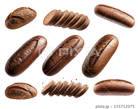 Set of Chocolate Pumpernickel bread loaf, isolated on white transparent background, concept of delicious dessert Set of Chocolate Pumpernickel bread loaf, isolated on white transparent background, concept of delicious dessert 133712075