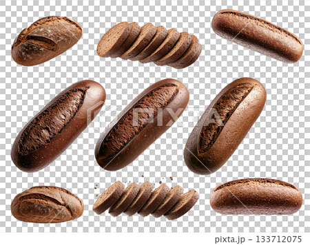 Set of Chocolate Pumpernickel bread loaf, isolated on white transparent background, concept of delicious dessert Set of Chocolate Pumpernickel bread loaf, isolated on white transparent background, concept of delicious dessert 133712075
