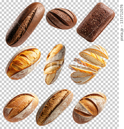 Assortment of different fresh bread loaves and slices on white background. Concept of bakery goods, food variety and freshness Assortment of different fresh bread loaves and slices on white background. Concept of bakery goods, food variety and freshness 133712076