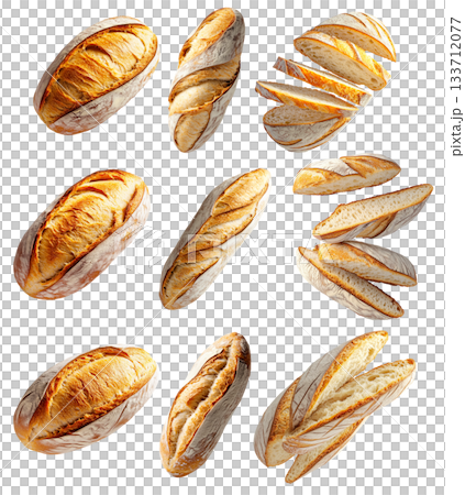 Set of Loaf of Sourdough bread, crust and texture isolated on white transparent background, concept of bakery Set of Loaf of Sourdough bread, crust and texture isolated on white transparent background, concept of bakery 133712077