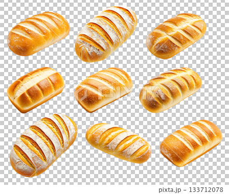 Set of loaf of wheat bread showing its golden crust and soft interior, isolated on white transparent background Set of loaf of wheat bread showing its golden crust and soft interior, isolated on white transparent background 133712078