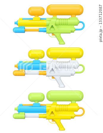 Set of plastic water gun toy for playing in swimming pool on white background Set of plastic water gun toy for playing in swimming pool on white background 133712087