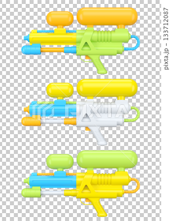 Set of plastic water gun toy for playing in swimming pool on white background Set of plastic water gun toy for playing in swimming pool on white background 133712087