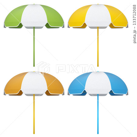 Set of striped beach umbrellas for summer getaways isolated on white background. 133712088
