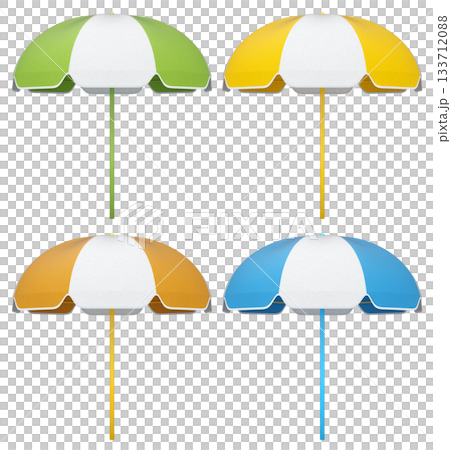 Set of striped beach umbrellas for summer getaways isolated on white background. 133712088