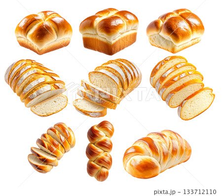 Assorted challah bread loaves and slices in style on white background, concept of traditional baking and fresh bakery 133712110
