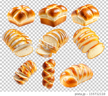 Assorted challah bread loaves and slices in style on white background, concept of traditional baking and fresh bakery 133712110