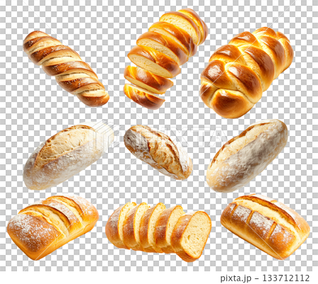 Various types of freshly baked bread loaves and slices shown on white background, rustic and braided styles for bakery concepts 133712112