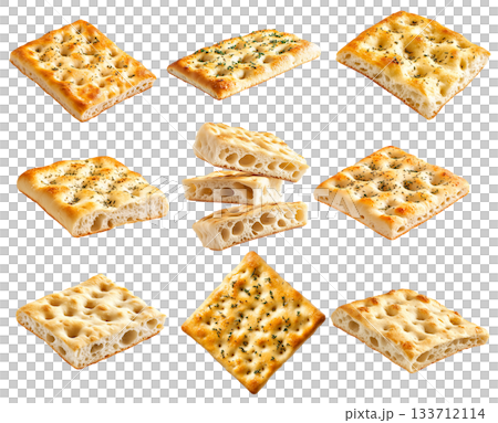 Set of focaccia bread isolated on a white transparent background, Italian bread, flavored with olive oil and herbs. Set of focaccia bread isolated on a white transparent background, Italian bread, flavored with olive oil and herbs. 133712114