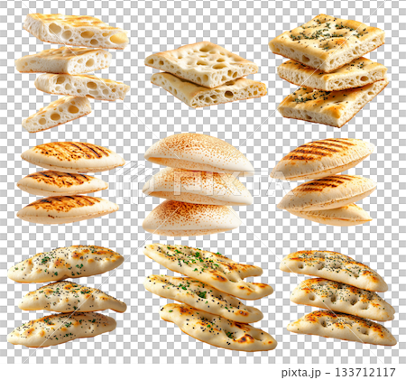 Various types of flatbreads and pita breads arranged on white background, showing texture and variety, concept of traditional food Various types of flatbreads and pita breads arranged on white background, showing texture and variety, concept of traditional food 133712117