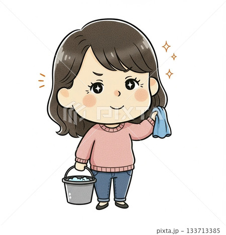 雑巾とバケツを持つ掃除中の女性キャラクター 雑巾とバケツを持つ掃除中の女性キャラクター 133713385