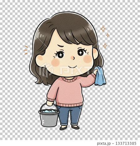 雑巾とバケツを持つ掃除中の女性キャラクター 雑巾とバケツを持つ掃除中の女性キャラクター 133713385
