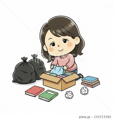 片付けや断捨離をする女性のイラスト 133713392