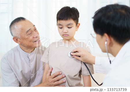 A doctor is performing a health check-up on a young boy, using a stethoscope to listen to his breathing and heartbeat. 133713739