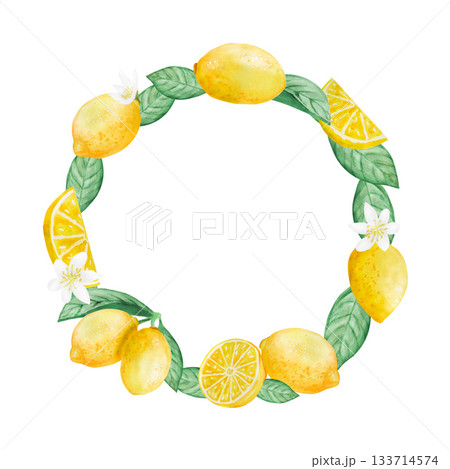 Watercolor lemons, leaves and flowers with branch isolated illustration set. Simple citrus fruits clip art for summer. Frame 133714574