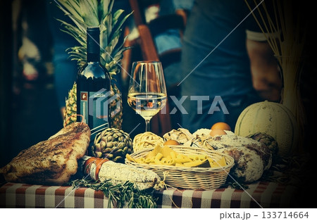 Rome, Italy. Mediterranean and italian food with pasta, cheese, sausages, herbs and wine. Rome, Italy. Mediterranean and italian food with pasta, cheese, sausages, herbs and wine. 133714664