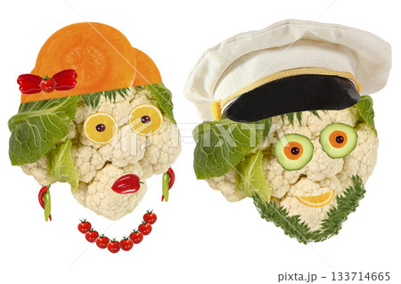 Creative set of food concept. Two funny portraits from vegetables and fruits. Creative set of food concept. Two funny portraits from vegetables and fruits. 133714665