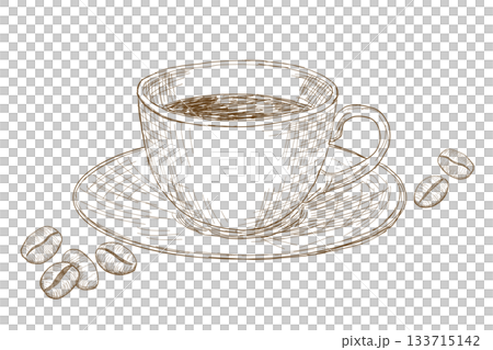 Retro hand-drawn pen drawing of coffee cup and coffee beans Retro hand-drawn pen drawing of coffee cup and coffee beans 133715142