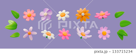 Colorful 3D Flower Parade on Soft Lilac Background Colorful 3D Flower Parade on Soft Lilac Background 133715234