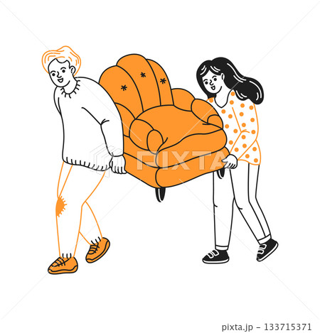 Two People Carrying a Large Orange Armchair 133715371