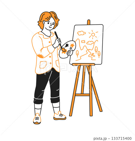 Artist Painting on Easel with Landscape Artist Painting on Easel with Landscape 133715400