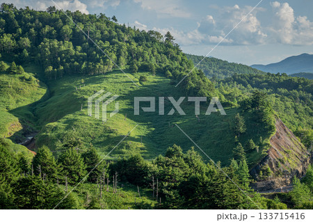 夏の万座温泉を包む緑豊かな山肌と高原の自然風景 夏の万座温泉を包む緑豊かな山肌と高原の自然風景 133715416