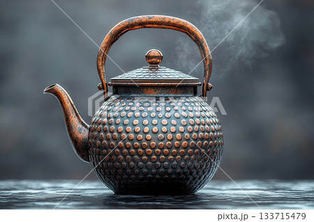 Antique camping teapot. Metal vintage teapot in classic style. Food rustic kitchenware. 133715479