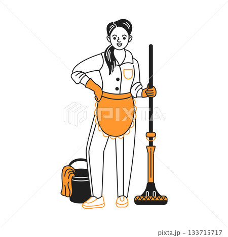 Woman Standing with Vaccuum Cleaner and Cleaning Supplies 133715717