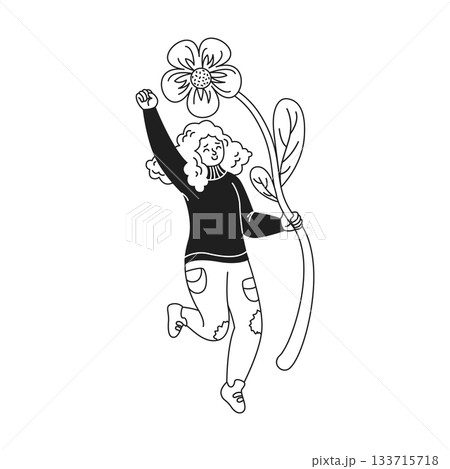 Joyful Woman Holding Giant Flower Illustration Joyful Woman Holding Giant Flower Illustration 133715718