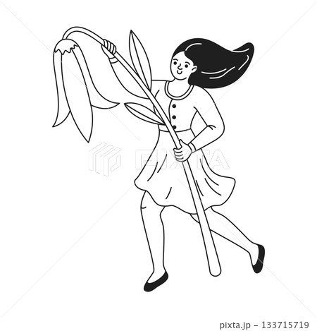 Woman Holding Giant Flower in Simple Line Art 133715719