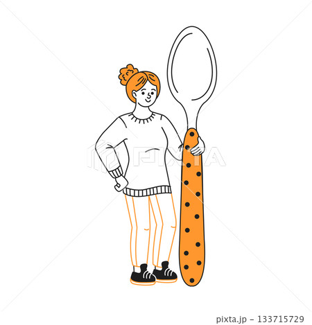 Cartoon Woman Holding a Giant Polka Dot Spoon Cartoon Woman Holding a Giant Polka Dot Spoon 133715729