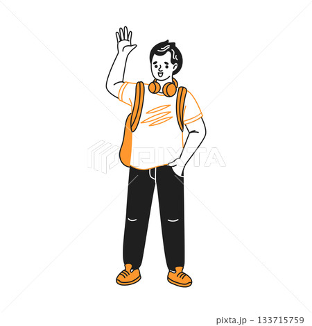 Young Casual Man Waving With Headphones Young Casual Man Waving With Headphones 133715759