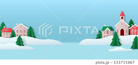 Winter Village Scene with Snow Covered Houses Winter Village Scene with Snow Covered Houses 133715867
