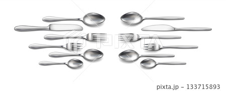 Shiny Silver Cutlery Set on White Background Shiny Silver Cutlery Set on White Background 133715893