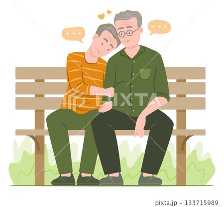 Senior Gay Men Couple Falling in Love while Sitting on Bench in Garden for LGBT Relationship Concept Illustration Senior Gay Men Couple Falling in Love while Sitting on Bench in Garden for LGBT Relationship Concept Illustration 133715989