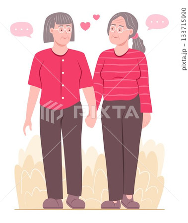Senior Lesbian Women Couple Falling in Love while Walking Hand in Hand in Garden for LGBT Relationship Concept Illustration Senior Lesbian Women Couple Falling in Love while Walking Hand in Hand in Garden for LGBT Relationship Concept Illustration 133715990