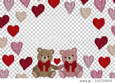 [Friendly teddy bears and heart frame] Hand-embroidered illustration material 133716054