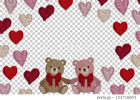 [Friendly teddy bears and heart frame] Hand-embroidered illustration material 133716055
