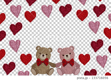 [Friendly teddy bears and heart frame] Hand-embroidered illustration material 133716056