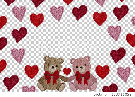 [Friendly teddy bears and heart frame] Hand-embroidered illustration material 133716058