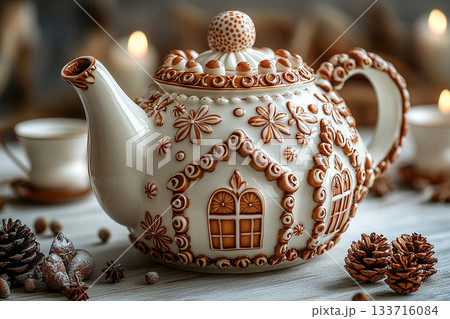 Kitchen staff.  Gingerbread house shaped ceramic teapot with lid on a white background. Christmas atmosphere. 133716084