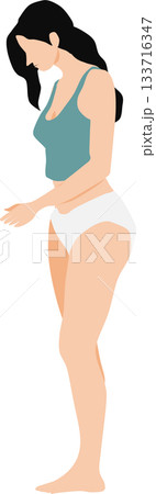下着を着た女性が洗濯物をたたむ全身イラスト 133716347