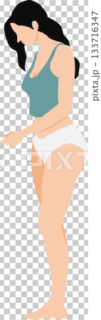 下着を着た女性が洗濯物をたたむ全身イラスト 133716347