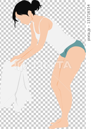 Full-body illustration of a woman in underwear folding laundry 133716354