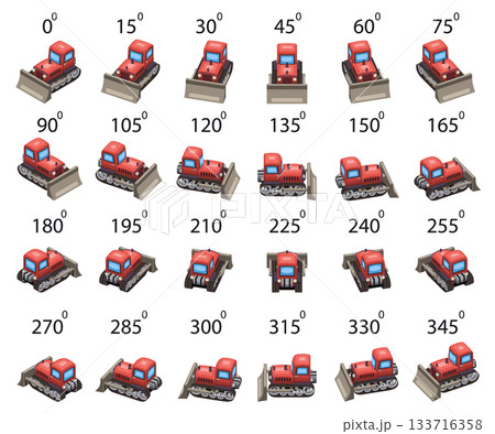 A set of 24 cartoon Bulldozer in isometric. A set of 24 cartoon Bulldozer in isometric. 133716358