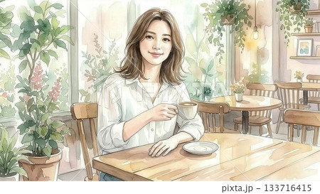 コーヒーを飲む綺麗なお姉さんのイラスト　水彩画風「AI生成画像」 133716415