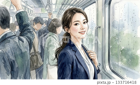 電車出勤のお姉さんのイラスト　水彩画風「AI生成画像」 133716418