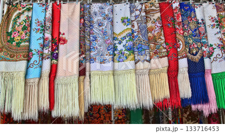 Turkmenistan. Ashkhabad market. Female kerchiefs with traditional ornament 133716453