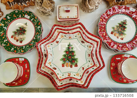 Christmas souvenirs, tableware with New Year's ornaments 133716508